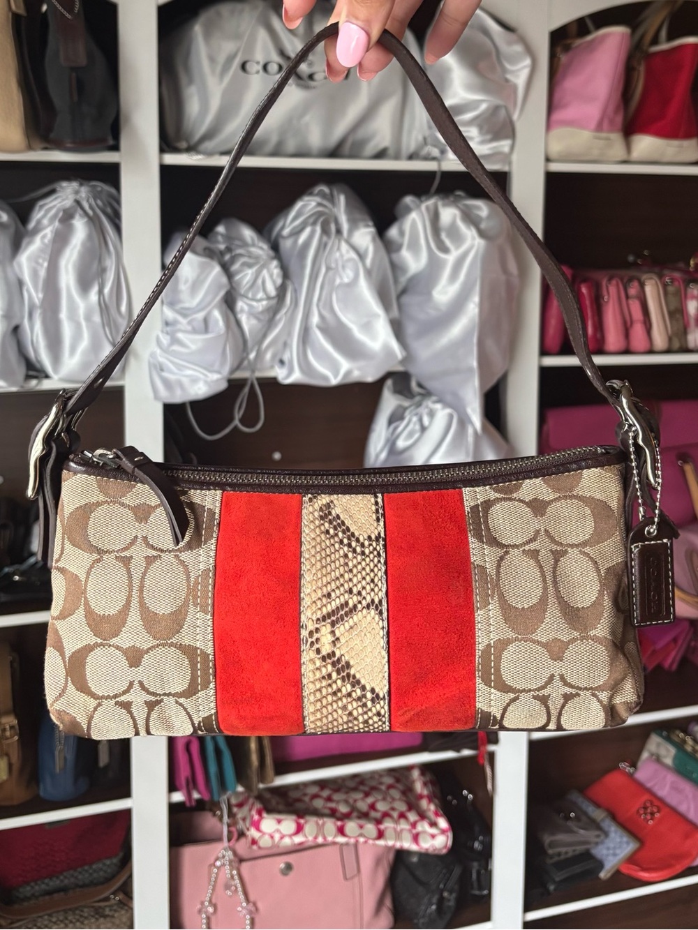 🤎♥️🐍COACH Hampton Signature Jacquard Python & Suede Demi Baguette Bag🐍♥️🤎